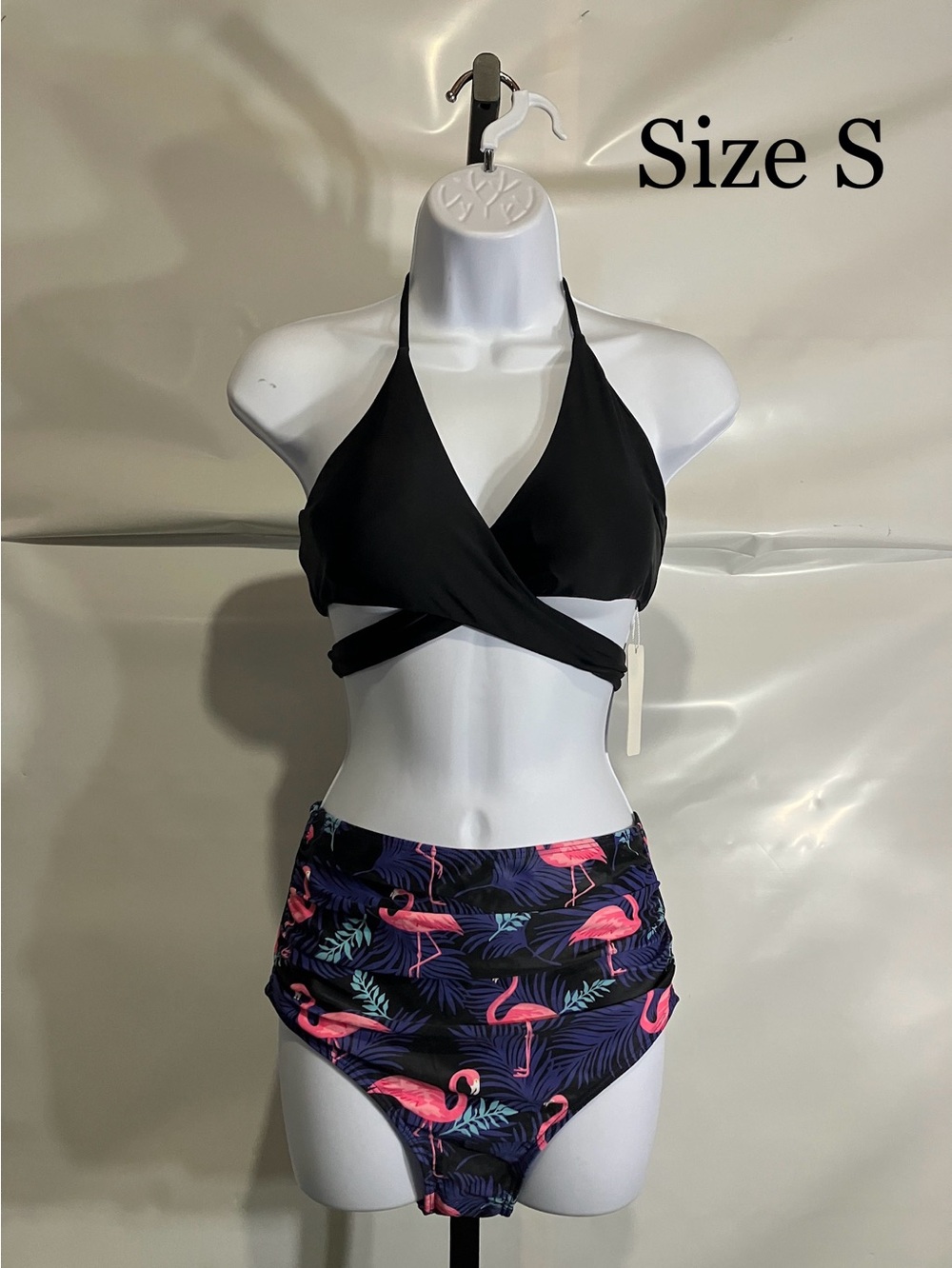 Black Wrap Halter Bikini Top with Pink Flamingo Print High-Waist Bottom - Size S